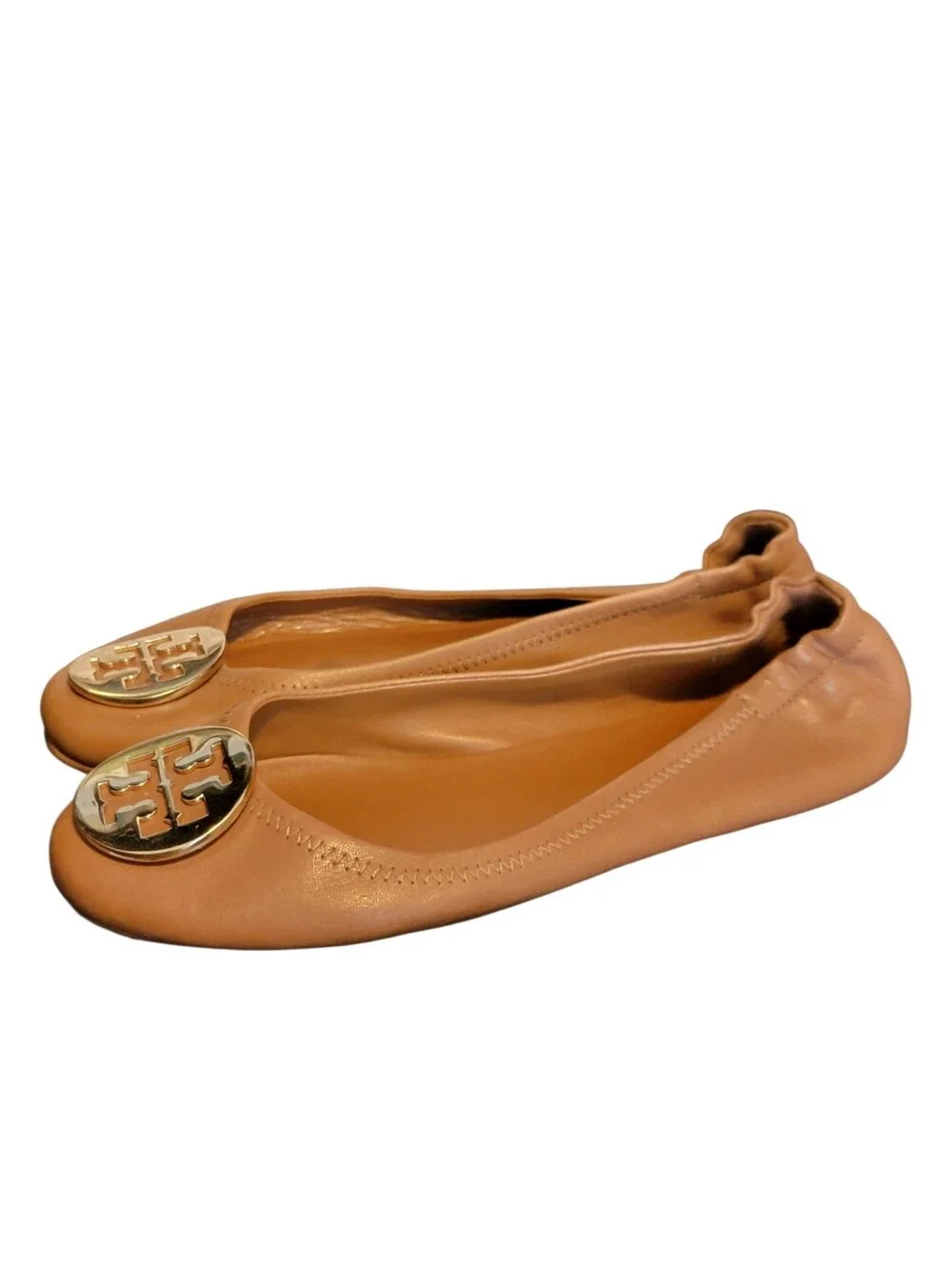 TORY BURCH Tan Leather Reva Ballet Flats Gold Logo 7.5